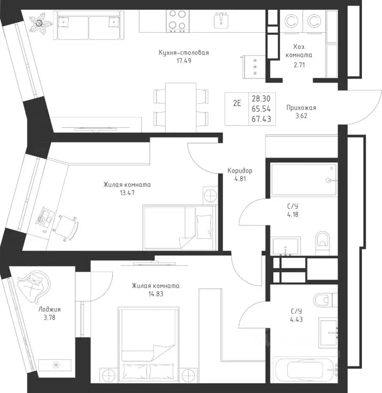 2-к кв. Татарстан, Казань Седьмое Небо жилрайон,  (67.43 м) - Фото 1