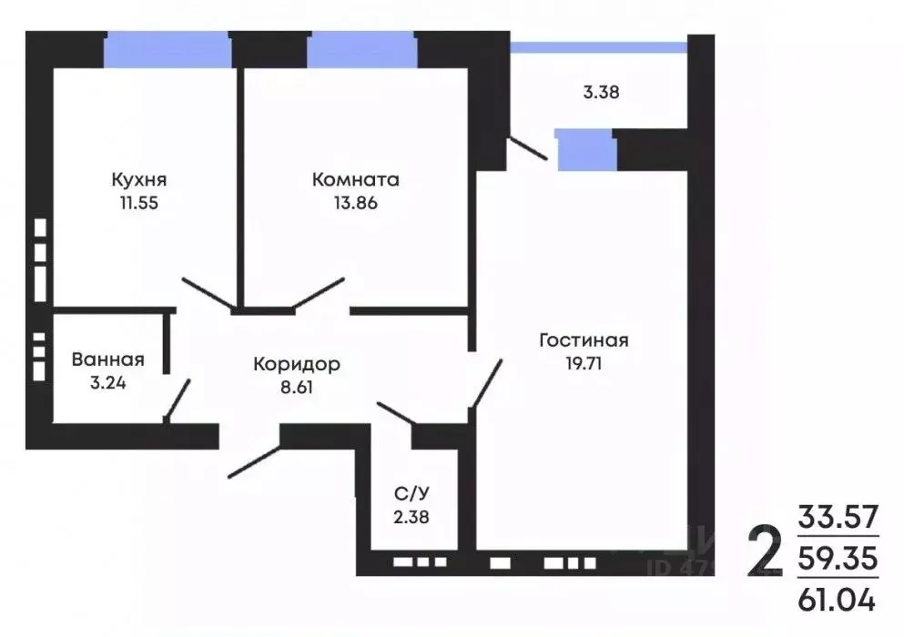 2-к кв. Воронежская область, Воронеж ул. Курчатова, 26Б (61.04 м) - Фото 0