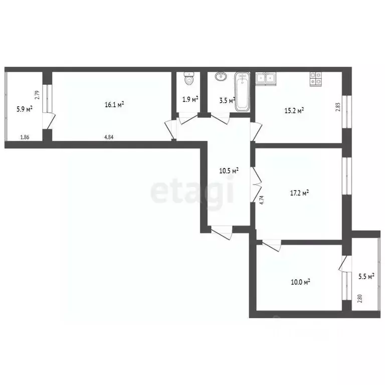 3-к кв. Башкортостан, Стерлитамак ул. Нагуманова, 12 (68.1 м) - Фото 2