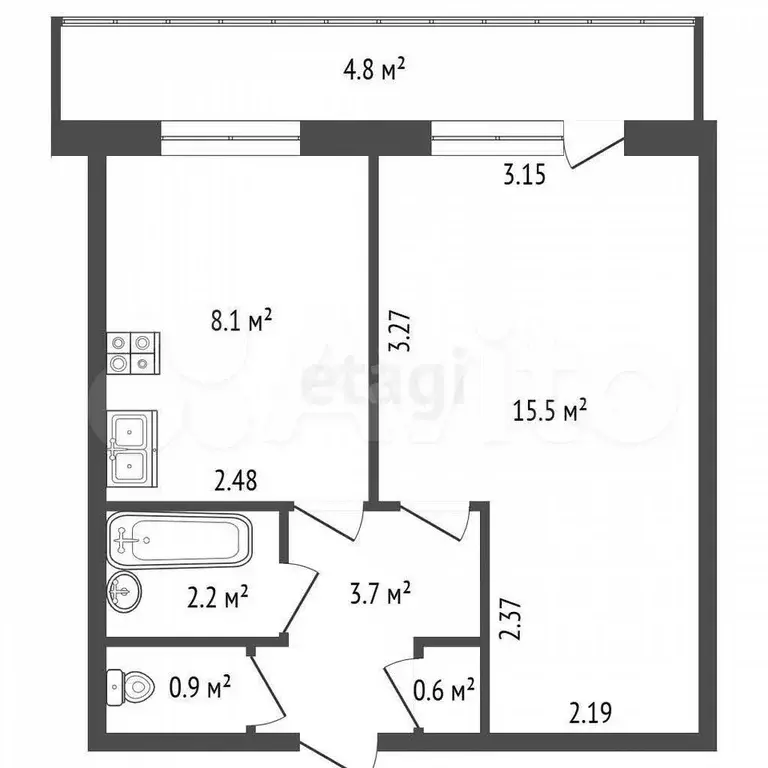1-к. квартира, 31,8 м, 7/9 эт. - Фото 0