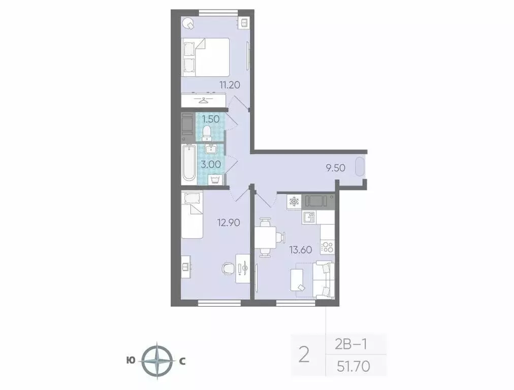 2-комнатная квартира: Ковалёво, улица Александра Разгонина, 2к1 (51.3 ... - Фото 0