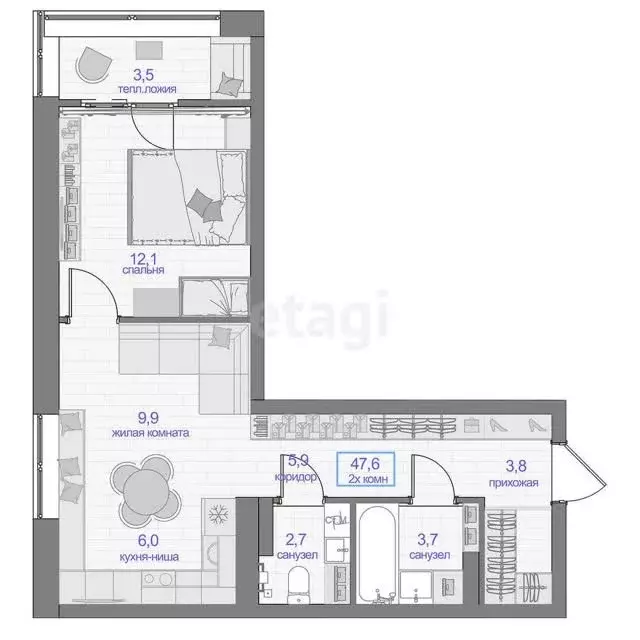 Продаётся 2-к квартира, 47.6 м - Фото 0