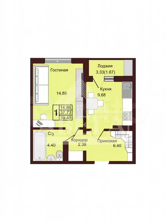 1-к. квартира, 40 м, 8/16 эт. - Фото 1