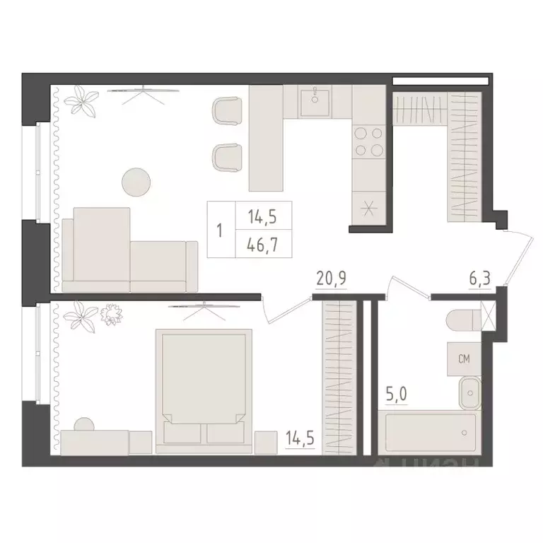1-к кв. Башкортостан, Уфа 563-й кв-л,  (46.7 м) - Фото 0