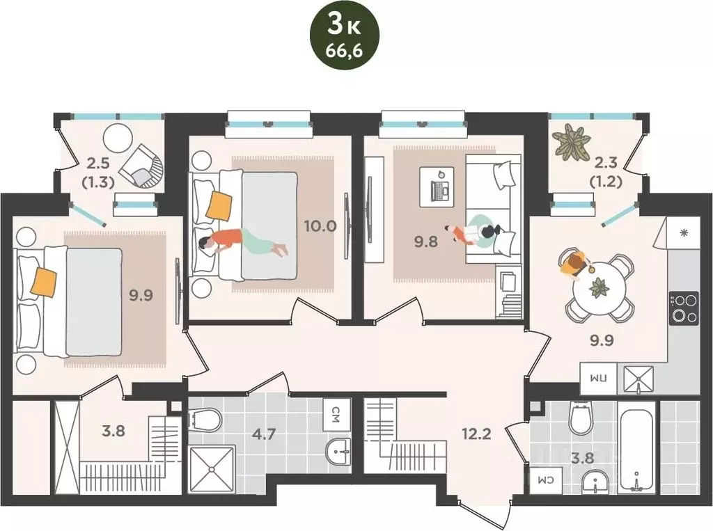 3-к кв. Пермский край, Пермь ул. Куфонина, 1 (66.6 м) - Фото 1