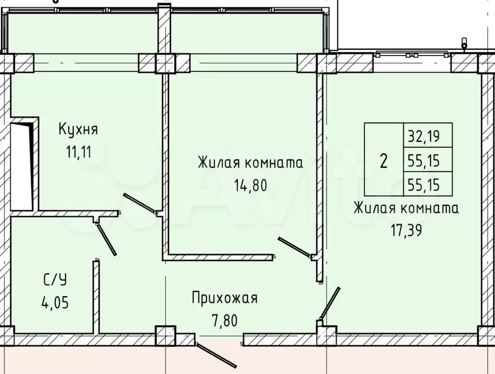 2-к. квартира, 55,2 м, 6/7 эт. - Фото 1