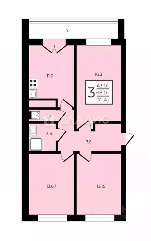 3-к кв. Воронежская область, Воронеж Цимлянская ул., 10В (71.4 м) - Фото 2