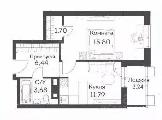Квартира, 1 комната, 42.4 м - Фото 1