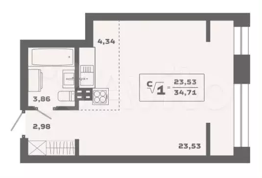 Квартира-студия, 34,7 м, 4/19 эт. - Фото 0