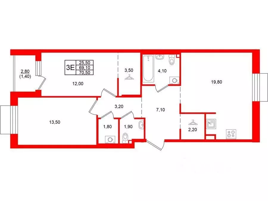 Квартира, 2 комнаты, 71.9 м - Фото 1