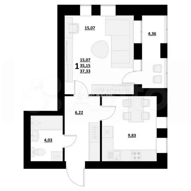 1-к. квартира, 37,3 м, 4/4 эт. - Фото 0