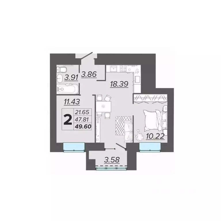 2-к кв. Брянская область, Брянск Архитектор жилой комплекс (49.6 м) - Фото 1