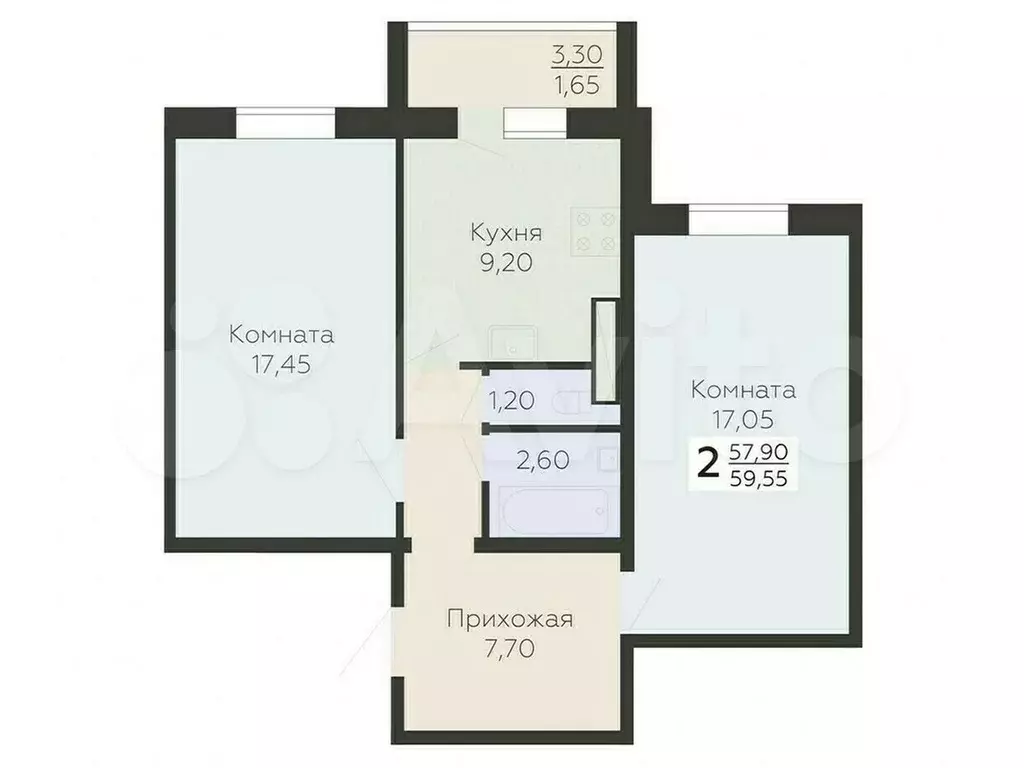 2-к. квартира, 59,6 м, 8/15 эт. - Фото 0