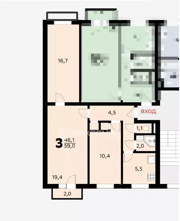 3-к кв. Москва Самаринская ул., 1 (59.0 м) - Фото 2