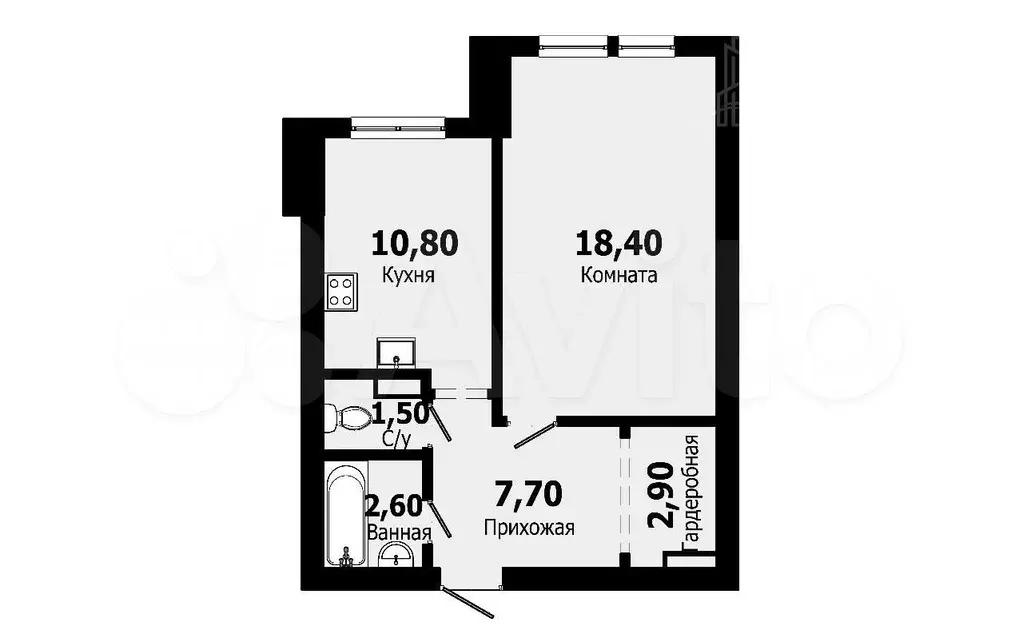 1-к. квартира, 43,9 м, 4/4 эт. - Фото 0