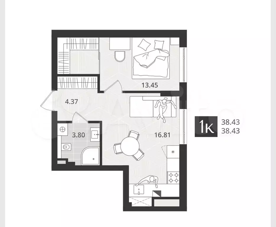 1-к. квартира, 38,4м, 2/4эт. - Фото 1