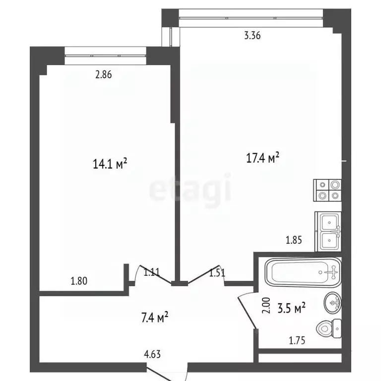 2-к кв. Кемеровская область, Кемерово 72А мкр, 5 (44.4 м) - Фото 1