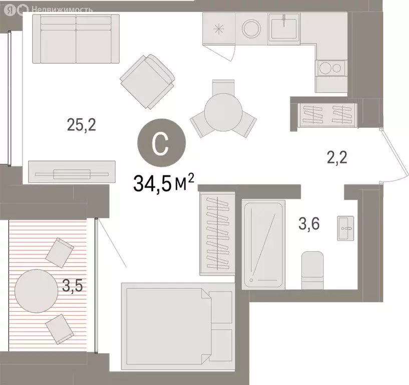 Квартира-студия: Тюмень, Урайская улица (34.46 м) - Фото 1