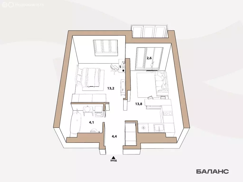 1-комнатная квартира: Тюмень, улица Республики, 204к17 (35.5 м) - Фото 1