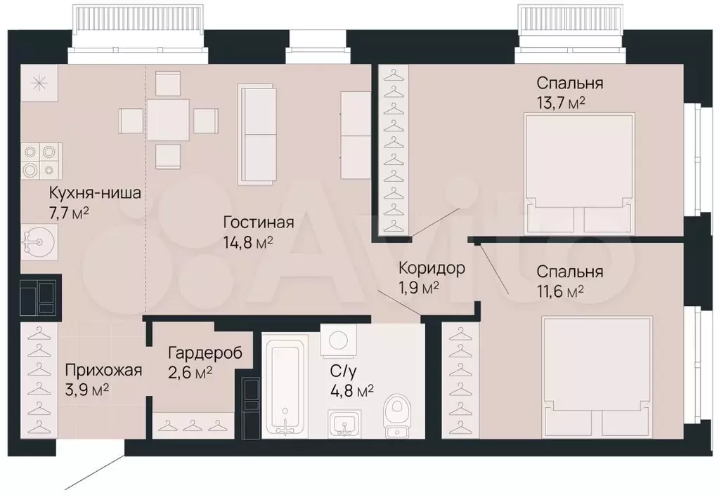 2-к. квартира, 61 м, 2/9 эт. - Фото 0