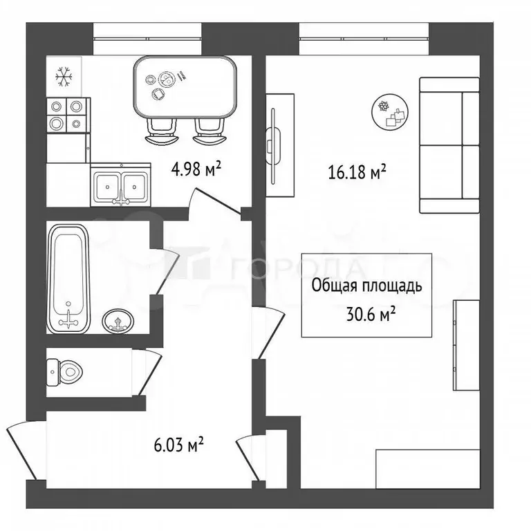 1-к. квартира, 30,6 м, 2/2 эт. - Фото 1