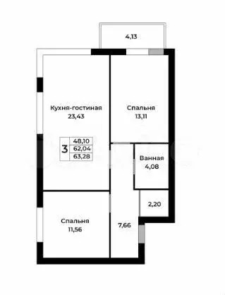 2-к. квартира, 63 м, 3/16 эт. - Фото 0