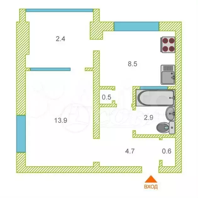 2-к. квартира, 33,5 м, 5/5 эт. - Фото 0