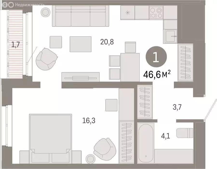 1-комнатная квартира: Екатеринбург, улица Советских Женщин (46.6 м) - Фото 1