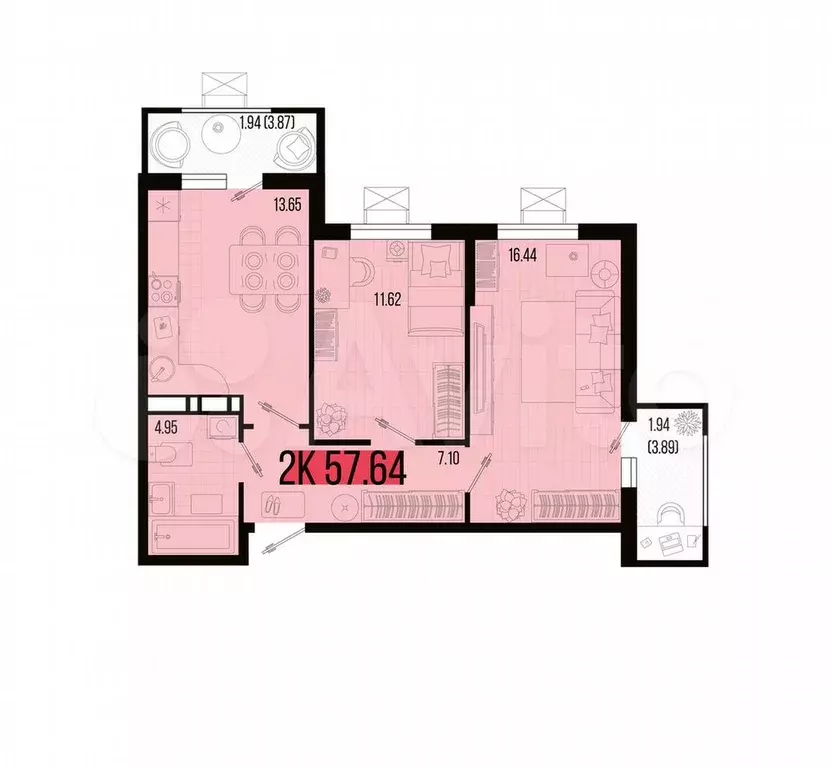 2-к. квартира, 57,6 м, 5/7 эт. - Фото 1