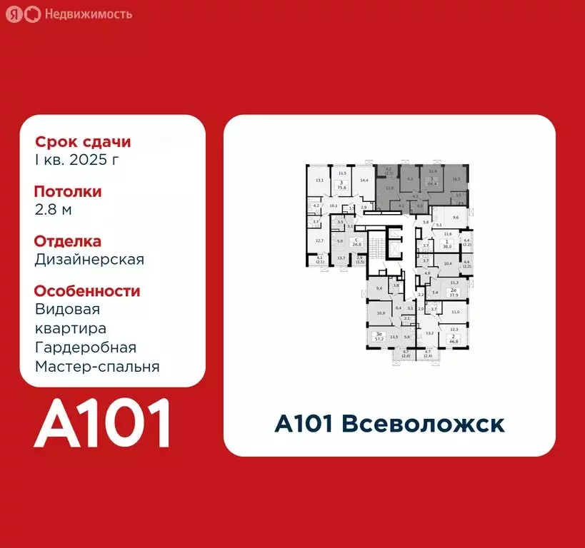3-комнатная квартира: Всеволожск, ЖК А101 Всеволожск, 3.3 (66.4 м) - Фото 1