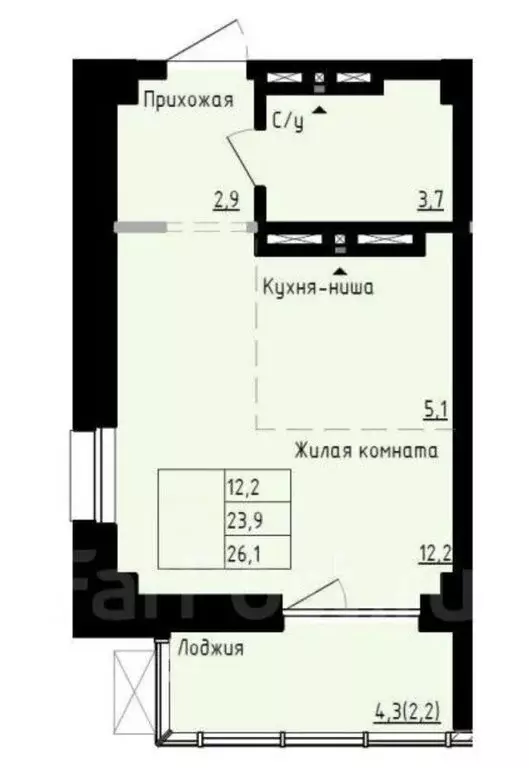 Квартира-студия: Владивосток, Первореченский район, микрорайон ... - Фото 1