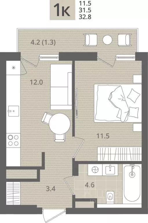 1-к кв. Калининградская область, Пионерский пос. Рыбное,  (32.8 м) - Фото 1