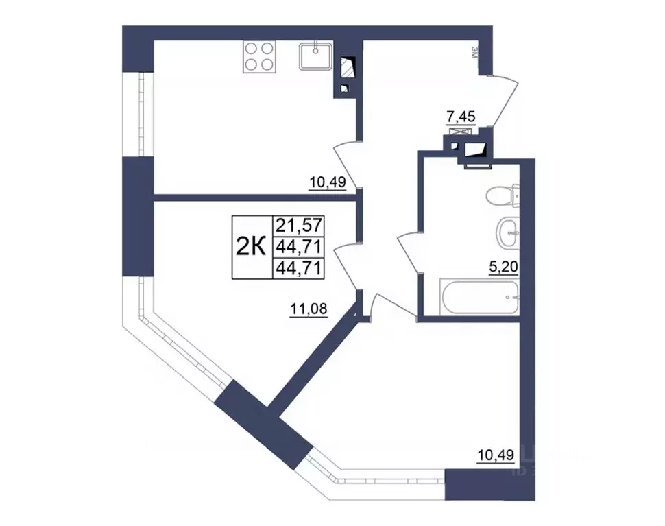 2-к кв. Башкортостан, Уфа Космос жилой комплекс, лит1 (44.46 м) - Фото 1