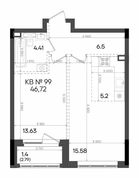 2-комнатная квартира: Казань, улица Аделя Кутуя, 181Ж (46.72 м) - Фото 0