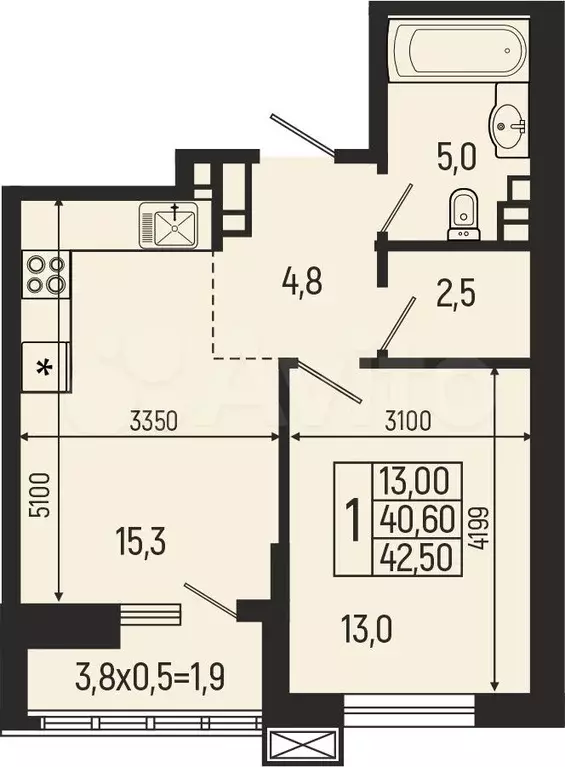 1-к. квартира, 42,5м, 3/9эт. - Фото 1