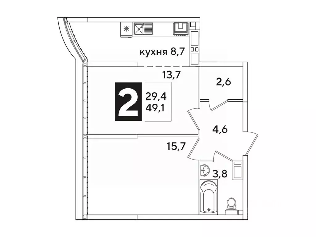 2-к кв. Краснодарский край, Краснодар Самолет-6 жилой комплекс (49.1 ... - Фото 1