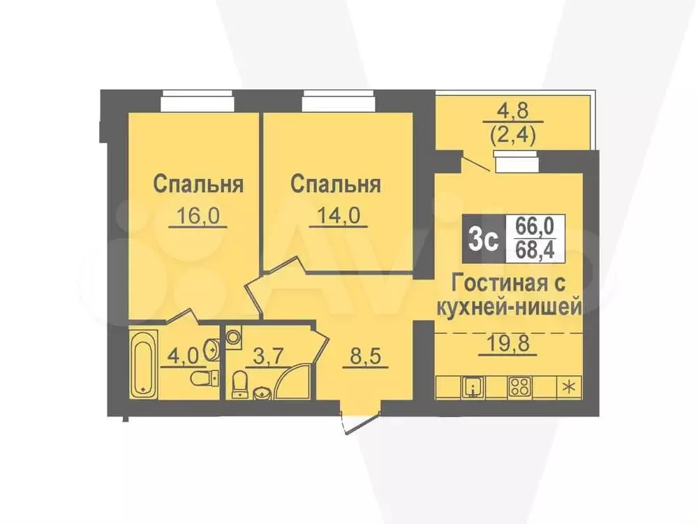 3-к. квартира, 68,4 м, 2/14 эт. - Фото 0