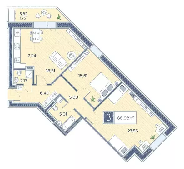 3-комнатная квартира: Красноярск, улица Петра Подзолкова, 10 (88.98 м) - Фото 1