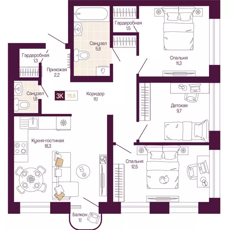 3-комнатная квартира: Нижний Новгород, Нижегородский район (75.8 м) - Фото 1