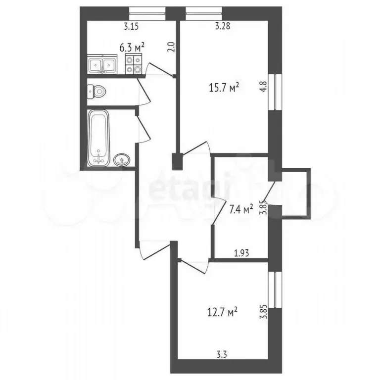 3-к. квартира, 60,7 м, 4/4 эт. - Фото 0