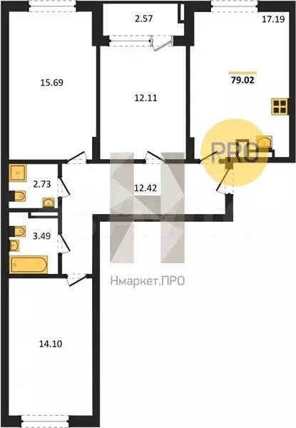 3-к. квартира, 79 м, 3/9 эт. - Фото 1