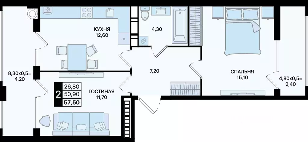 2-к кв. Ростовская область, Ростов-на-Дону просп. Шолохова (57.5 м) - Фото 0