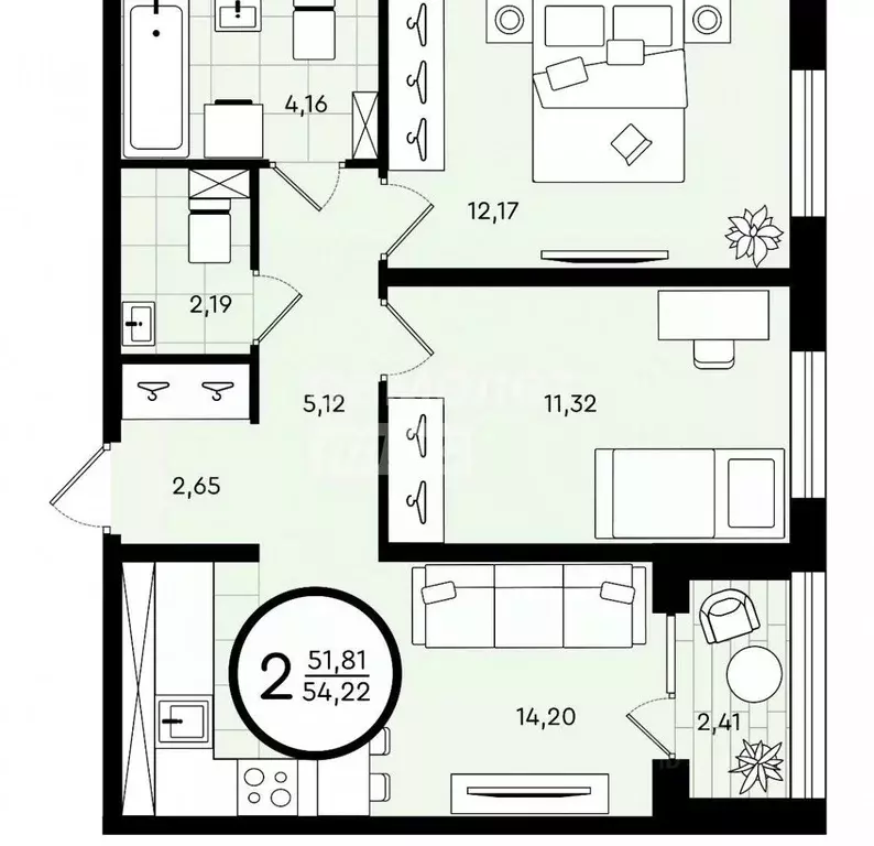 2-к кв. Тюменская область, Тюмень ул. Александра Звягина, 5 (54.2 м) - Фото 2