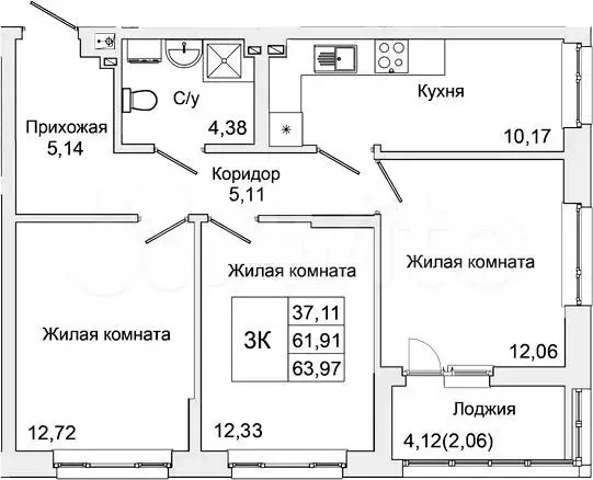 3-к. квартира, 63 м, 7/16 эт. - Фото 1