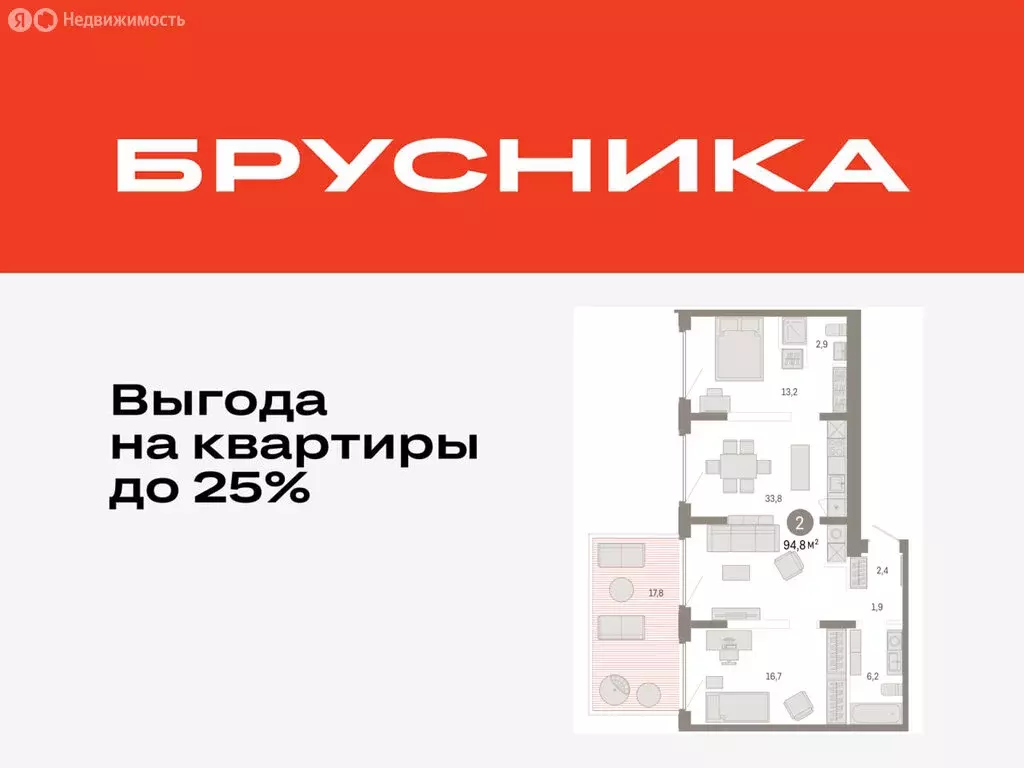 2-комнатная квартира: Тюмень, Мысовская улица, 26к2 (94.77 м) - Фото 0
