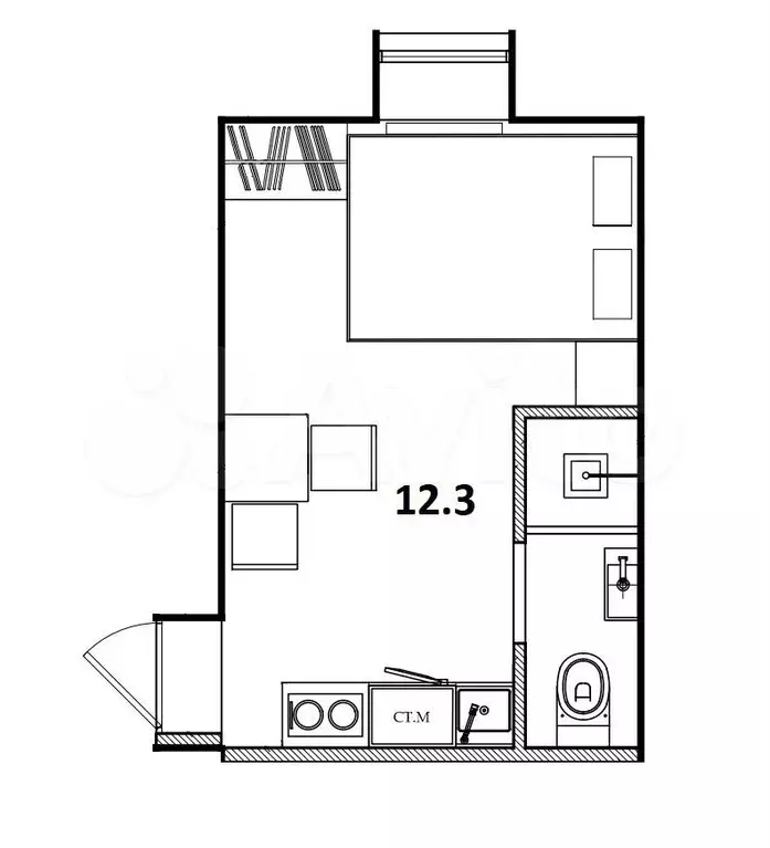 Апартаменты-студия, 12,3 м, 1/6 эт. - Фото 0