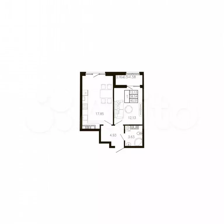 1-к. квартира, 40,5 м, 4/9 эт. - Фото 0