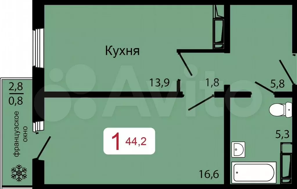 1-к. квартира, 44,2 м, 6/17 эт. - Фото 0