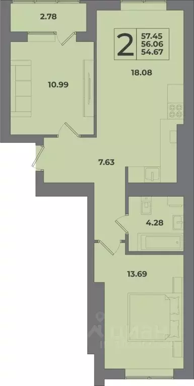 2-к кв. Калининградская область, Калининград Петровский мкр,  (57.45 ... - Фото 1