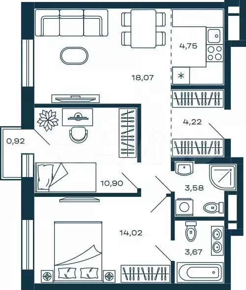 2-к. квартира, 59,5 м, 23/25 эт. - Фото 0